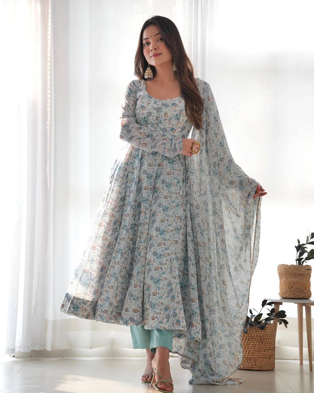 Floral Printed Blue Anarkali Kurta Set with Dupatta for Women