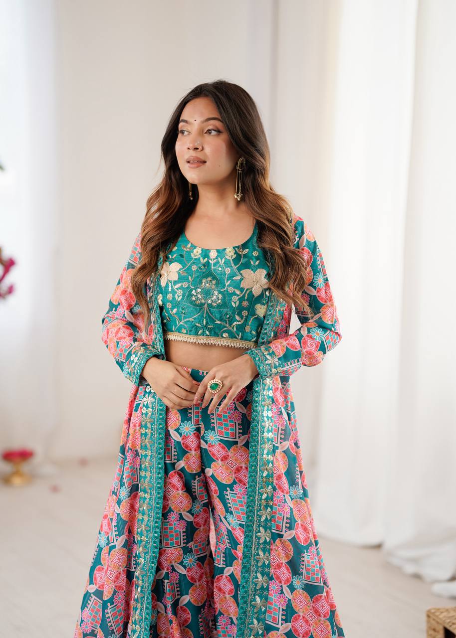 Teal Floral Indo-Western Co-ord Set for Women