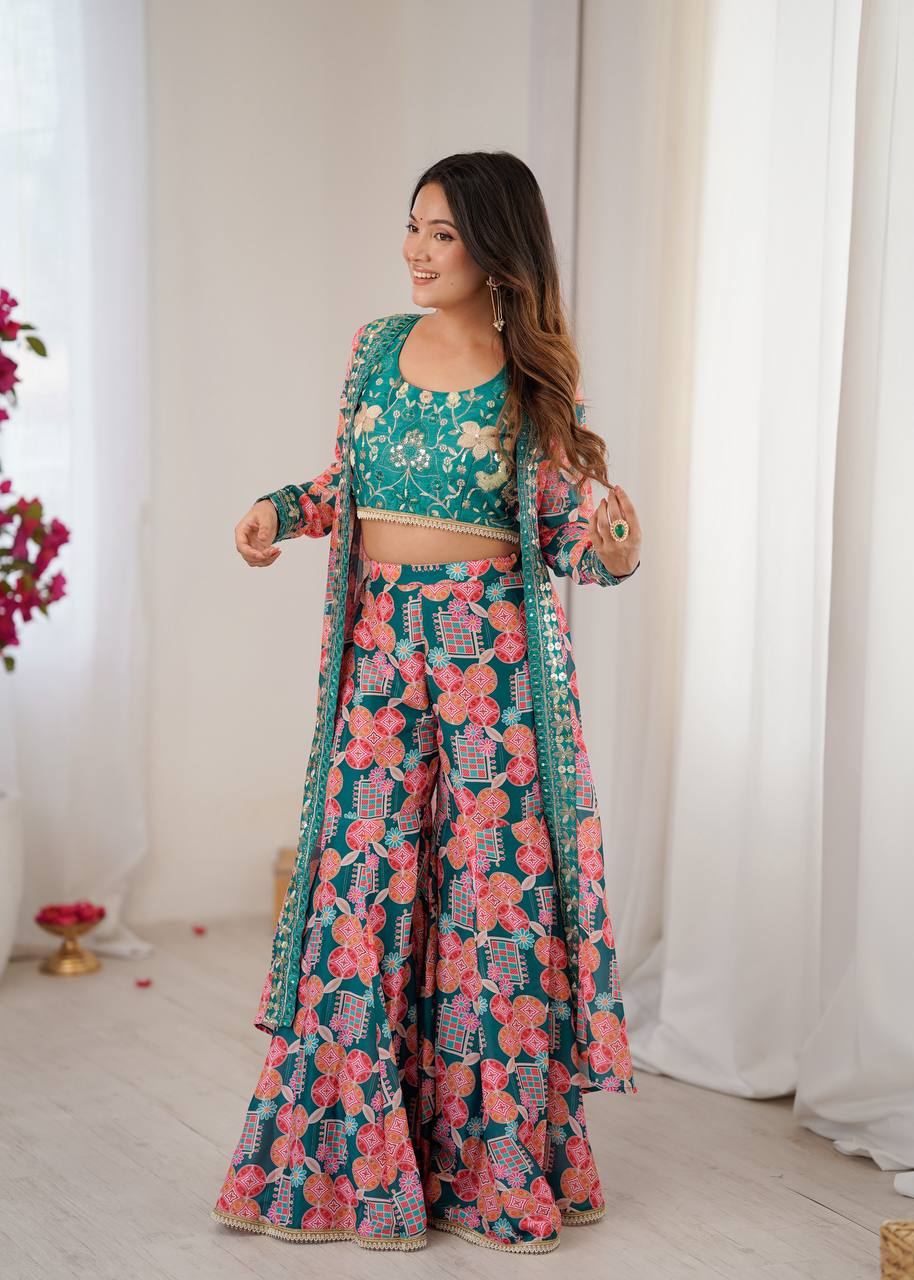 Teal Floral Indo-Western Co-ord Set for Women