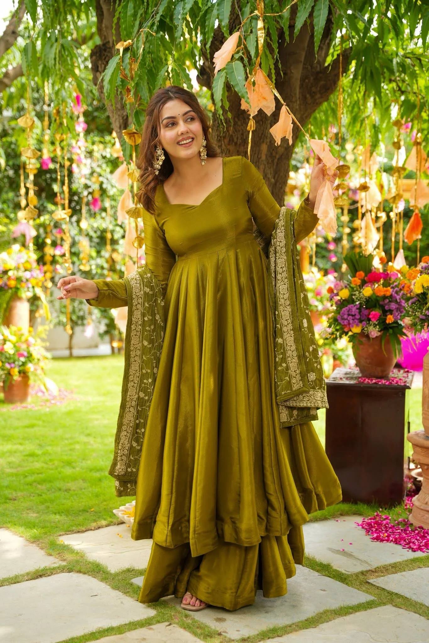 Olive Green Anarkali Set with Dupatta for Women