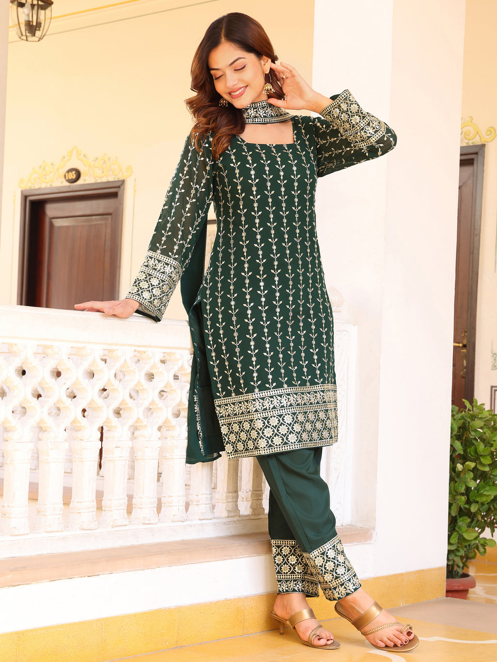 Green Anarkali Set for Women with Dupatta
