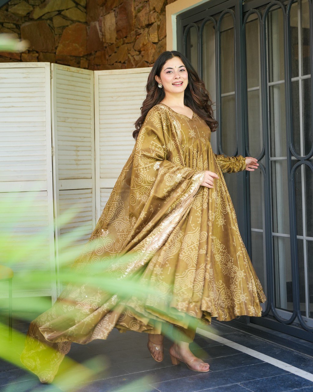 Olive Green Bandhani Silk Anarkali Suit Set