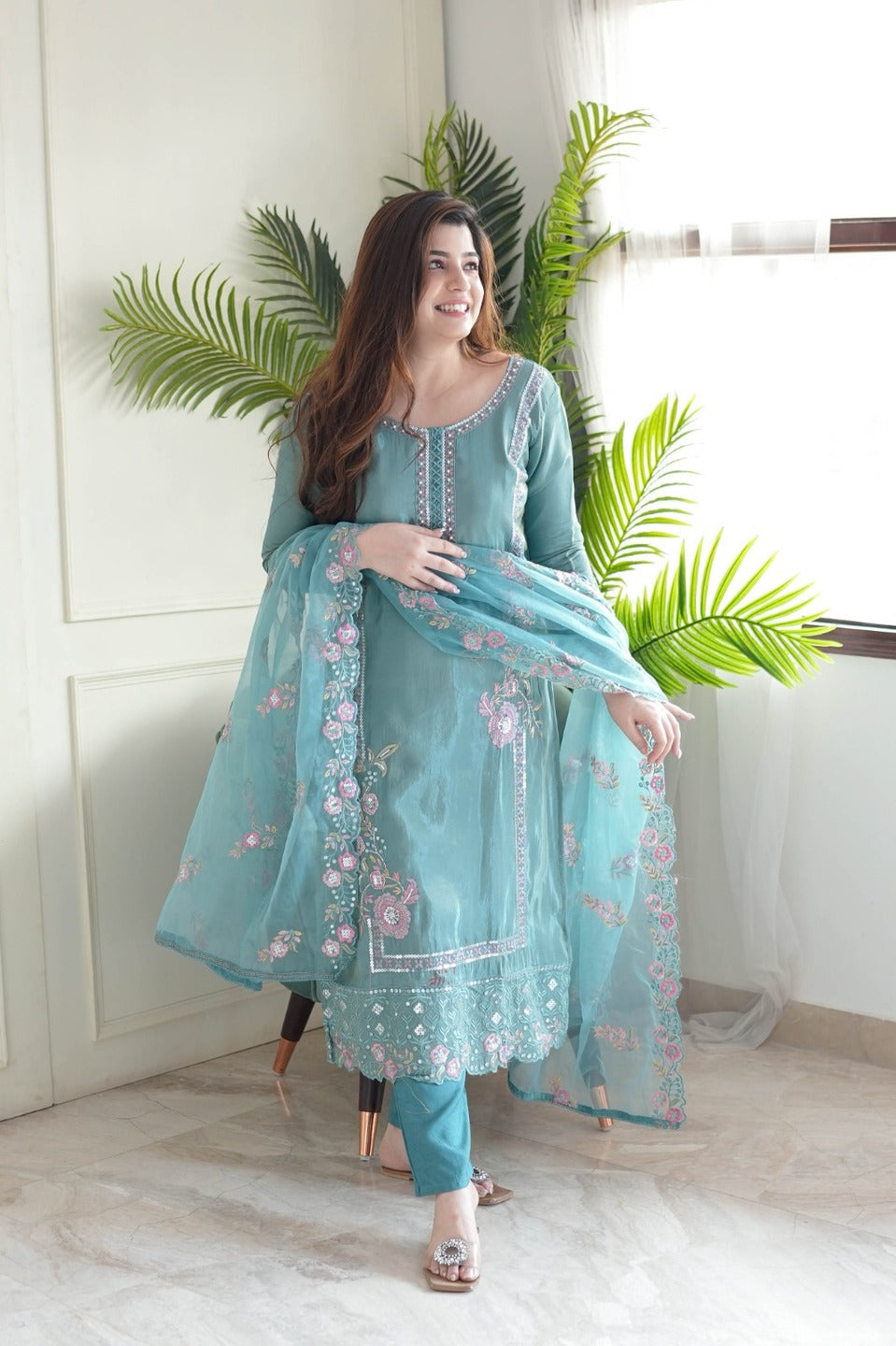 Chinon Embroidered Sky Blue Kurta Set