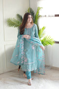 Chinon Embroidered Sky Blue Kurta Set
