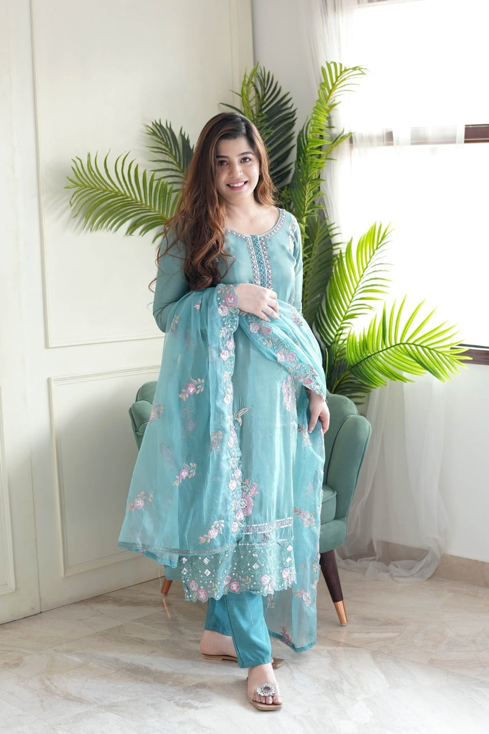 Chinon Embroidered Sky Blue Kurta Set