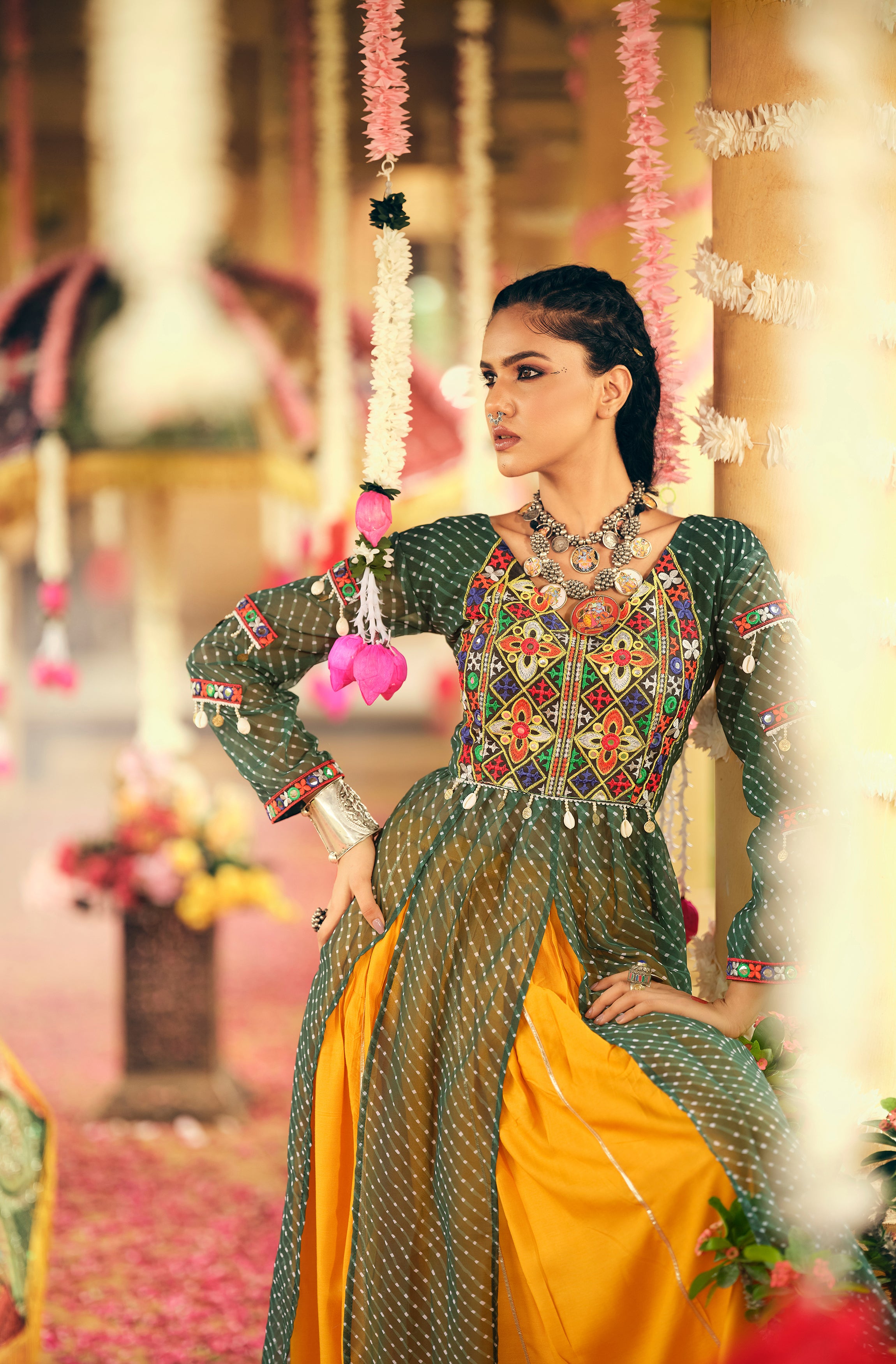 Green & Yellow Lehenga Set with Multicolor Embroidery