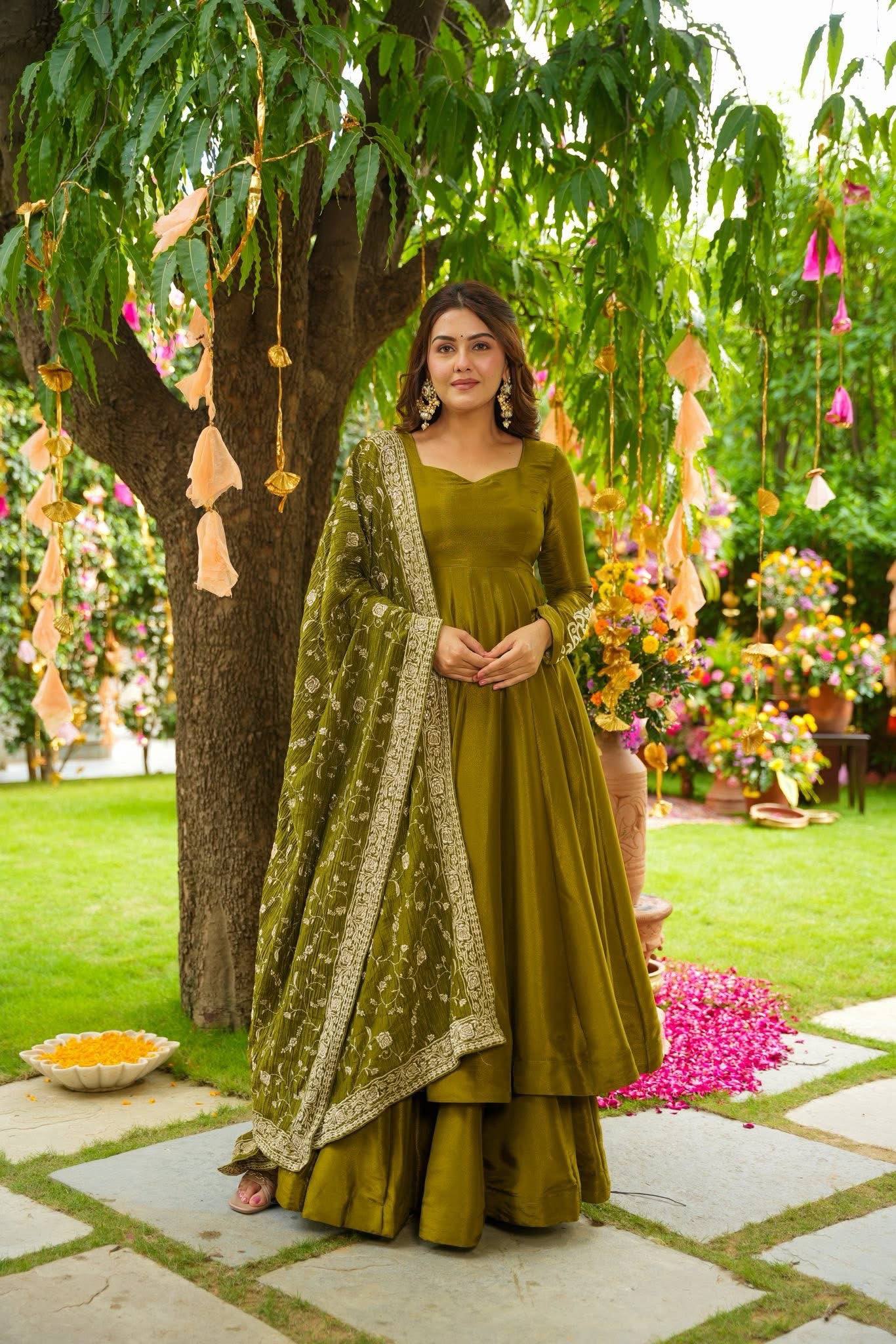 Olive Green Anarkali Set with Dupatta for Women