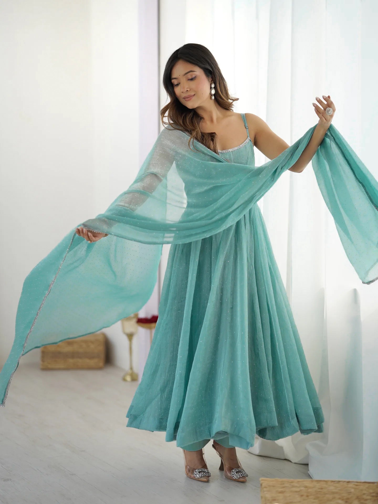 Seafoam Green Shimmer Organza Anarkali Set with Sequins Work & Dupatta