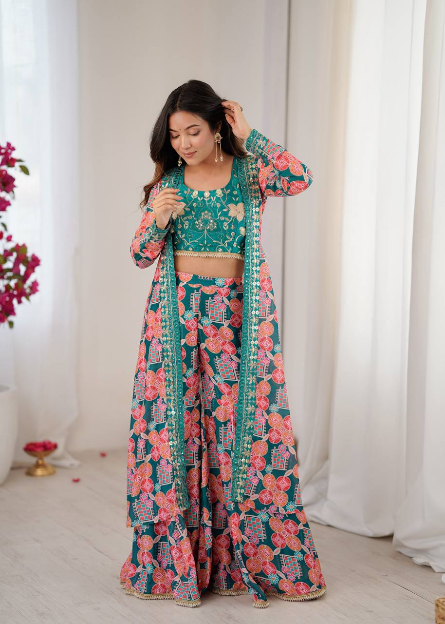 Teal Floral Indo-Western Co-ord Set for Women