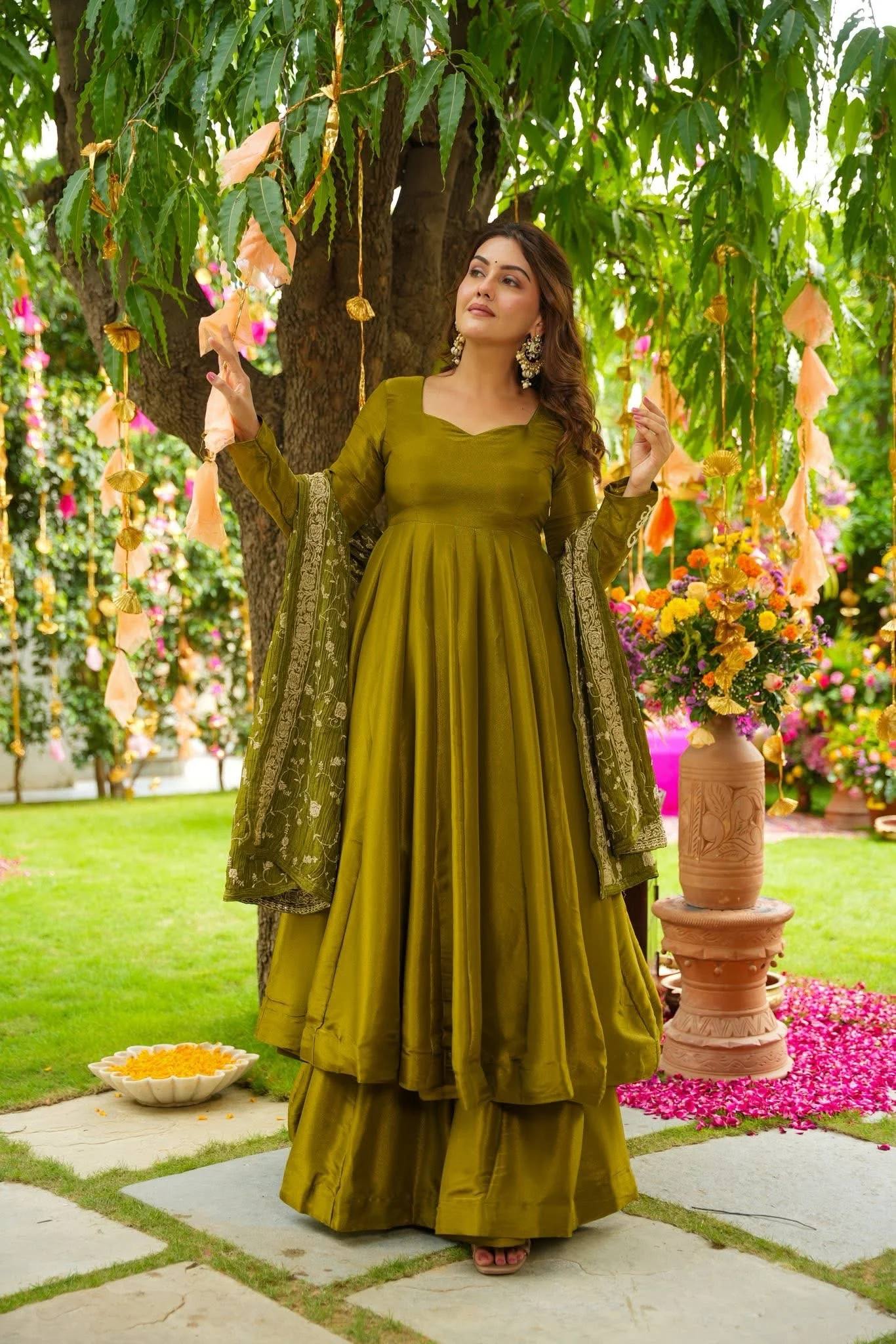 Olive Green Anarkali Set with Dupatta for Women