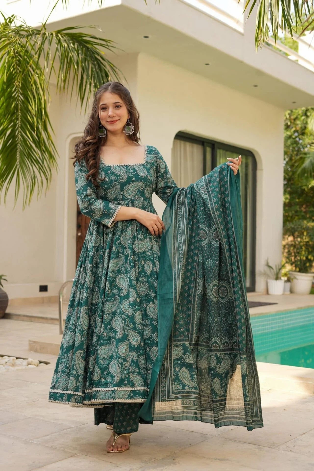 Green Printed Anarkali Suit Set for Women