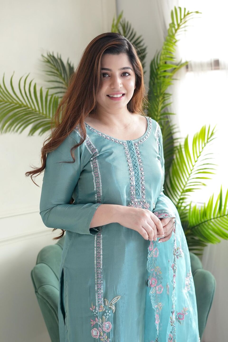 Chinon Embroidered Sky Blue Kurta Set