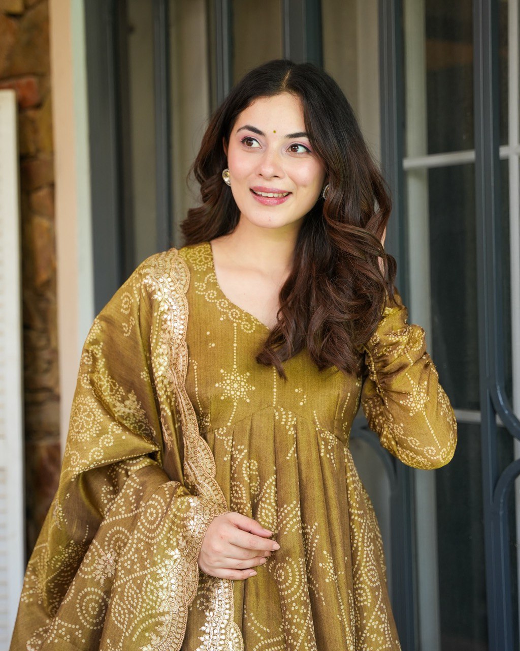 Olive Green Bandhani Silk Anarkali Suit Set