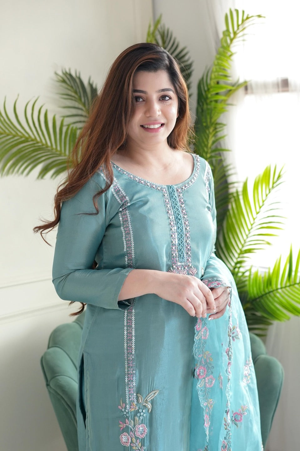 Chinon Embroidered Sky Blue Kurta Set