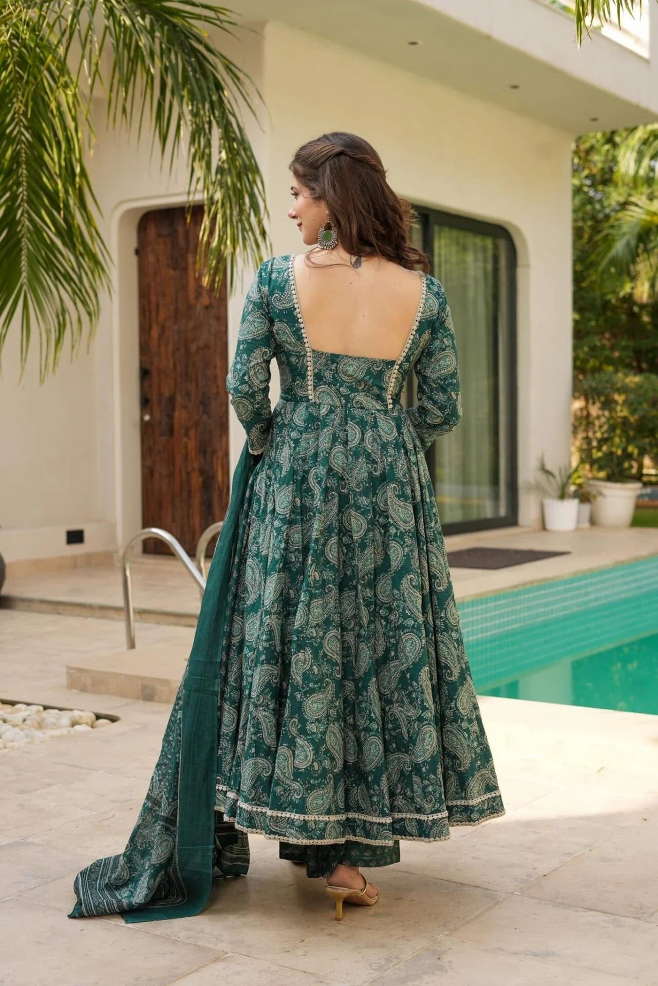 Green Printed Anarkali Suit Set for Women