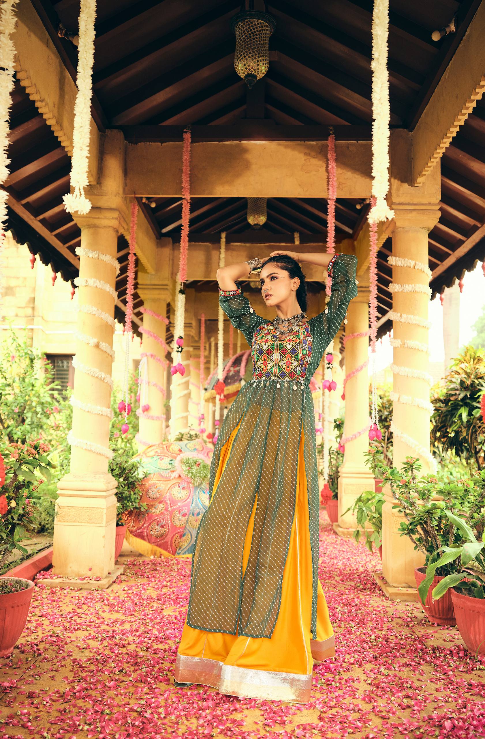 Green & Yellow Lehenga Set with Multicolor Embroidery