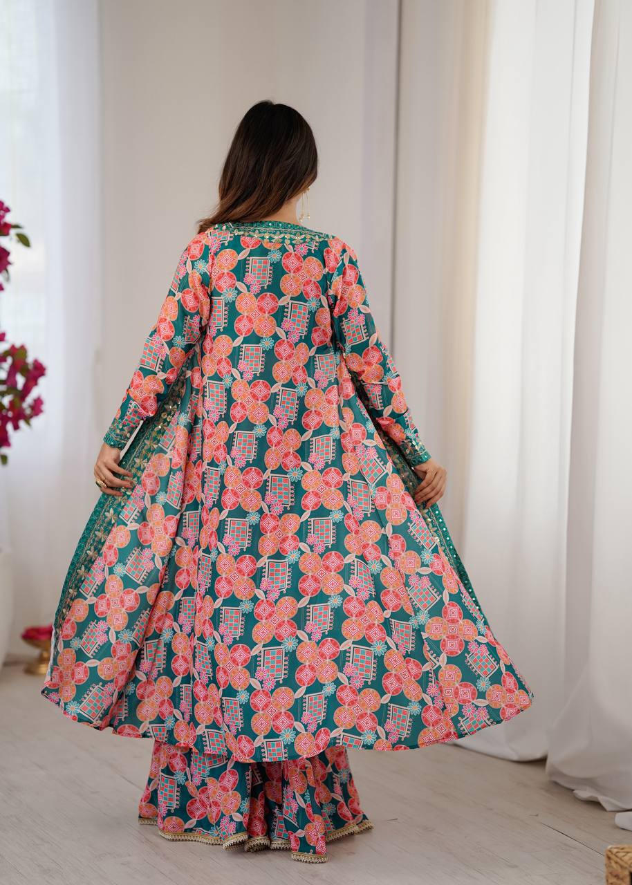 Teal Floral Indo-Western Co-ord Set for Women