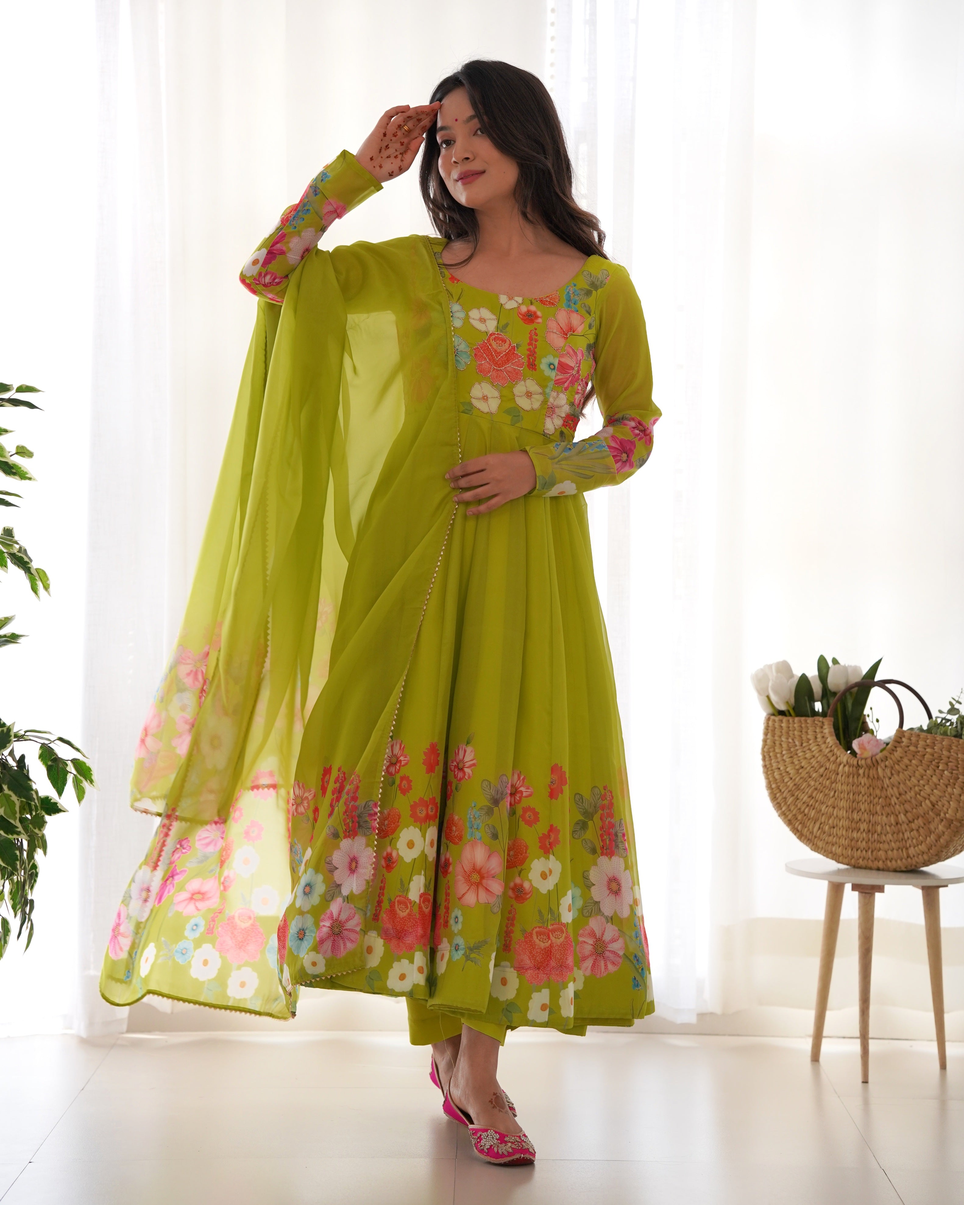 Hand-Floral Print Organza Silk Anarkali Suit Set
