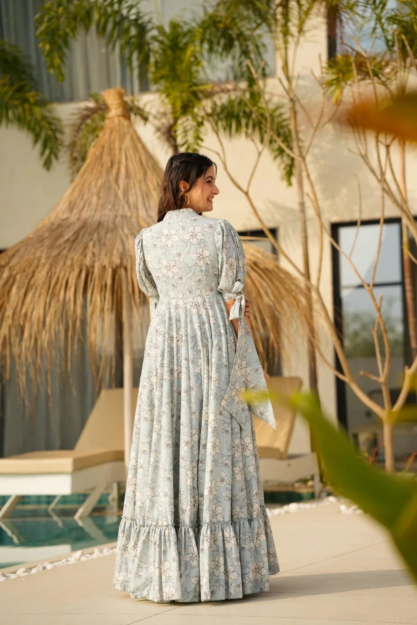 Sky Blue Floral Tiered Maxi Dress with Puff Sleeves