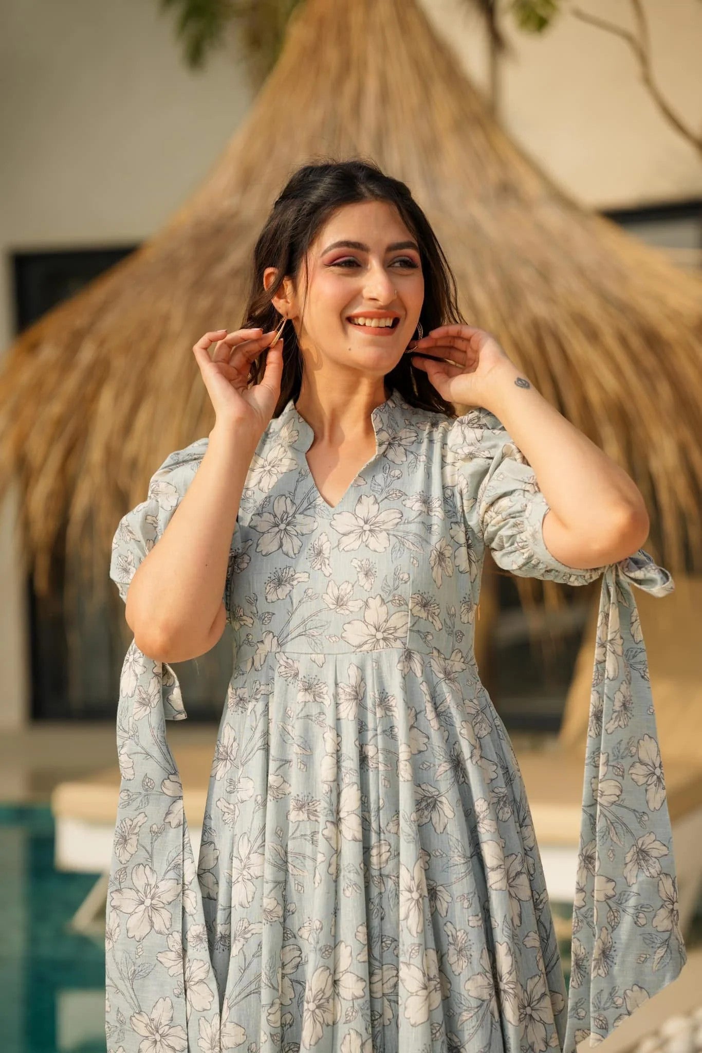 Sky Blue Floral Tiered Maxi Dress with Puff Sleeves