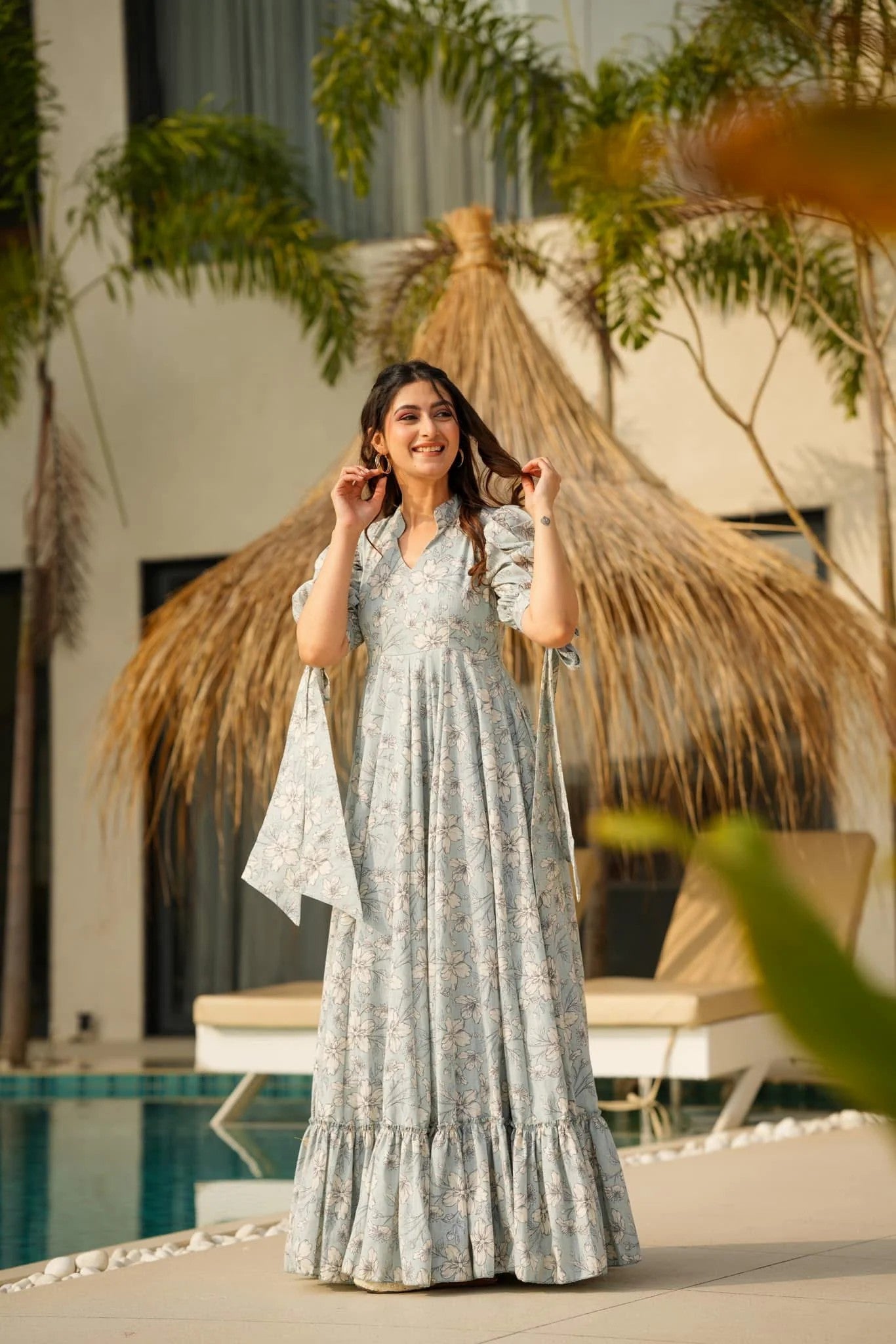 Sky Blue Floral Tiered Maxi Dress with Puff Sleeves