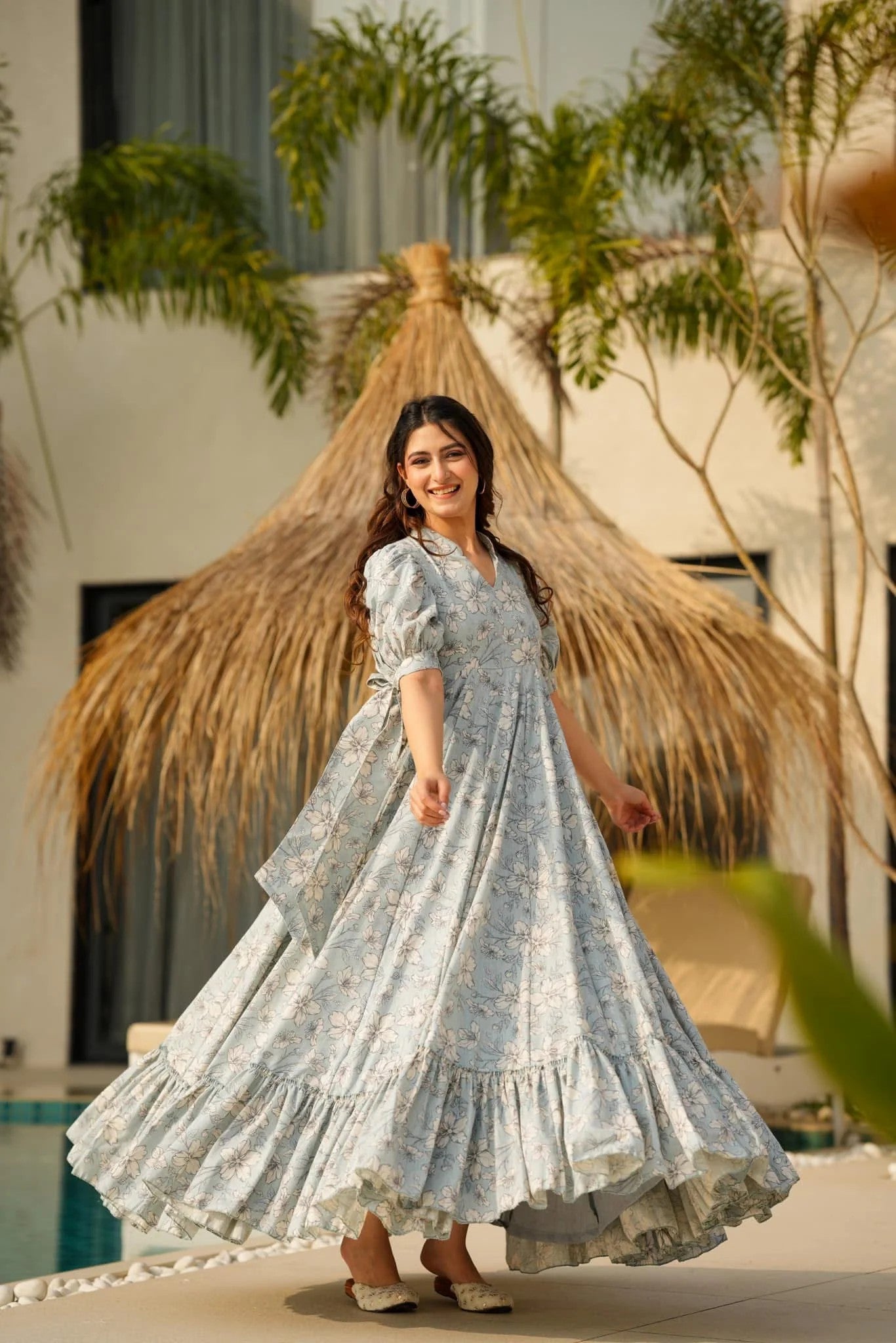 Sky Blue Floral Tiered Maxi Dress with Puff Sleeves