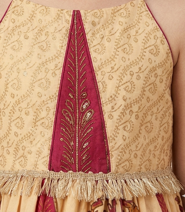 Girls Beige & Maroon Floral Printed Noodle Strap Kurti with Tiered Sharara Set