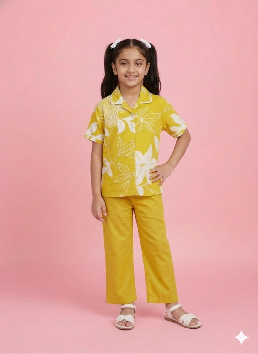 Girls Yellow Floral Printed Shirt & Pants Set | Kids Summer Co-Ord Outfit