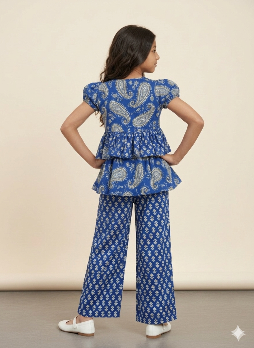 Girls Printed Peplum Top with Wide-Leg Pants Co-Ord Set