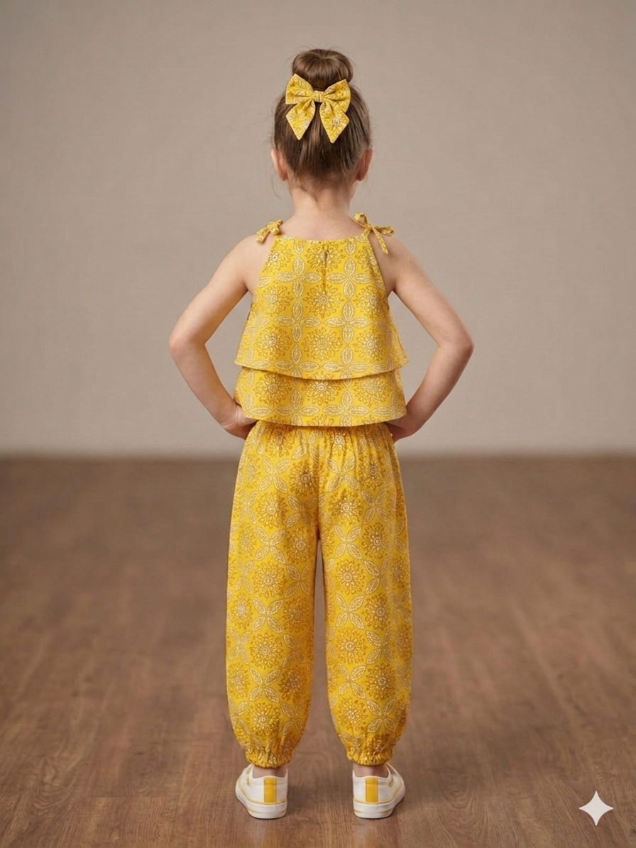 Girls Bright Yellow Ethnic Geometric Printed Tiered Top with Cuffed Trousers Set