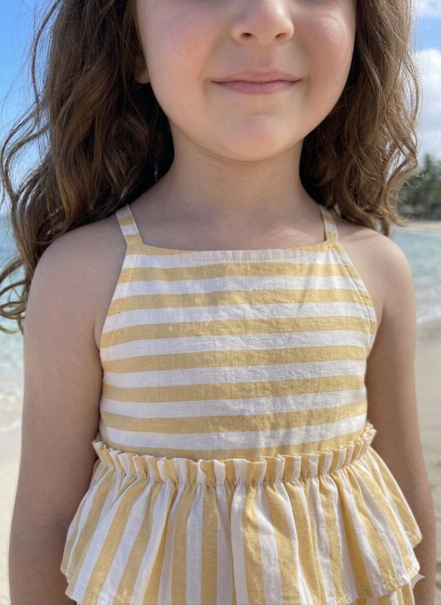 Girls Yellow & White Striped Ruffle Romper Set – Sleeveless Top & Pants