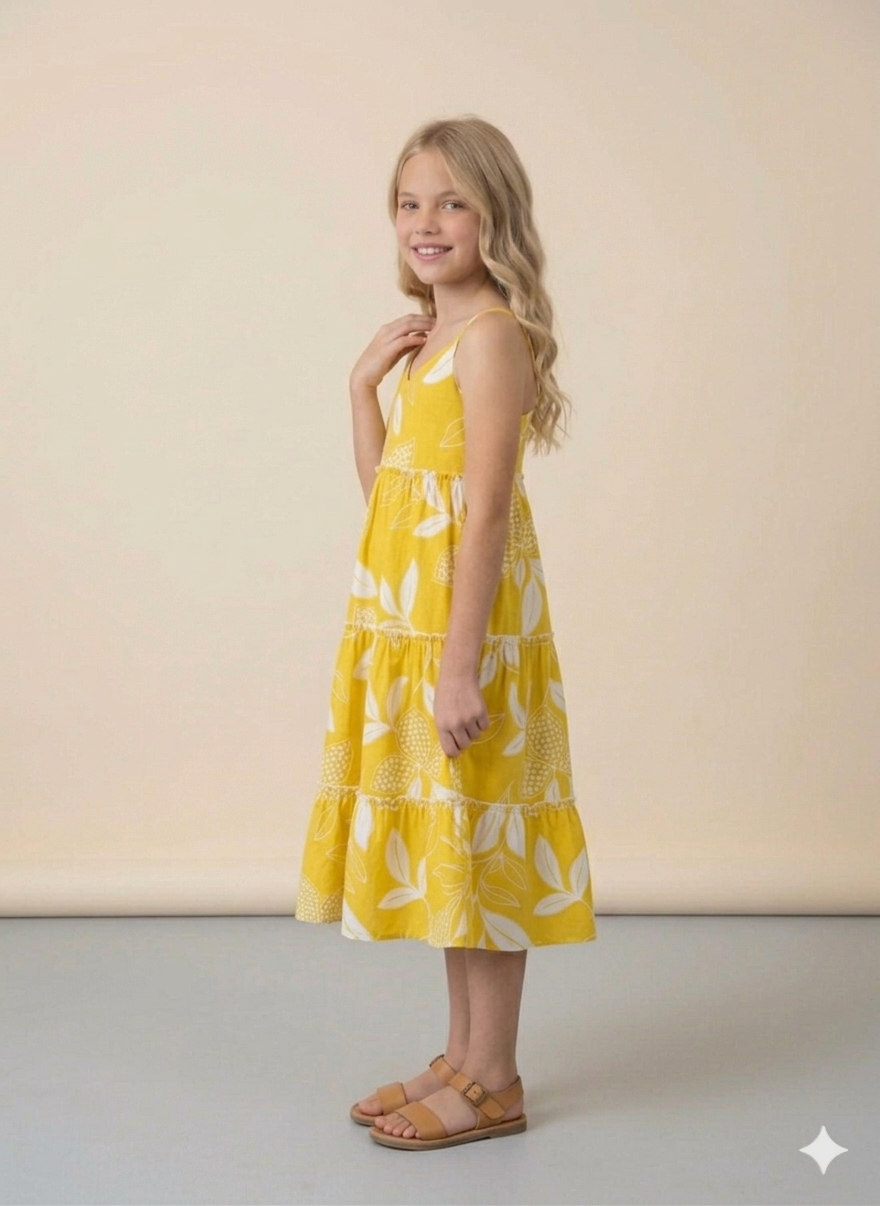 Girls Yellow Leaf Print Tiered Dress | Sleeveless Summer Party & Casual Dress