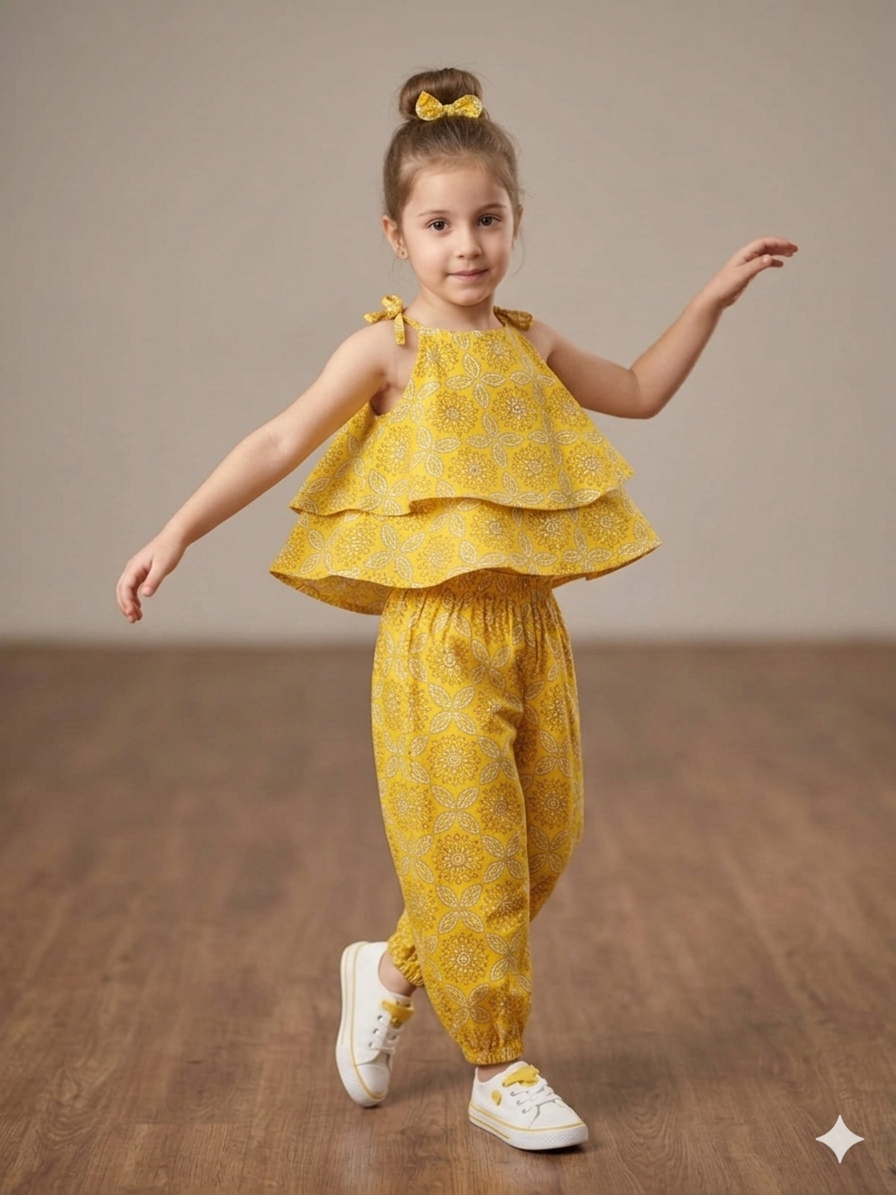 Girls Bright Yellow Ethnic Geometric Printed Tiered Top with Cuffed Trousers Set
