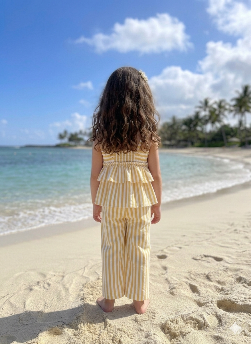 Girls Yellow & White Striped Ruffle Romper Set – Sleeveless Top & Pants