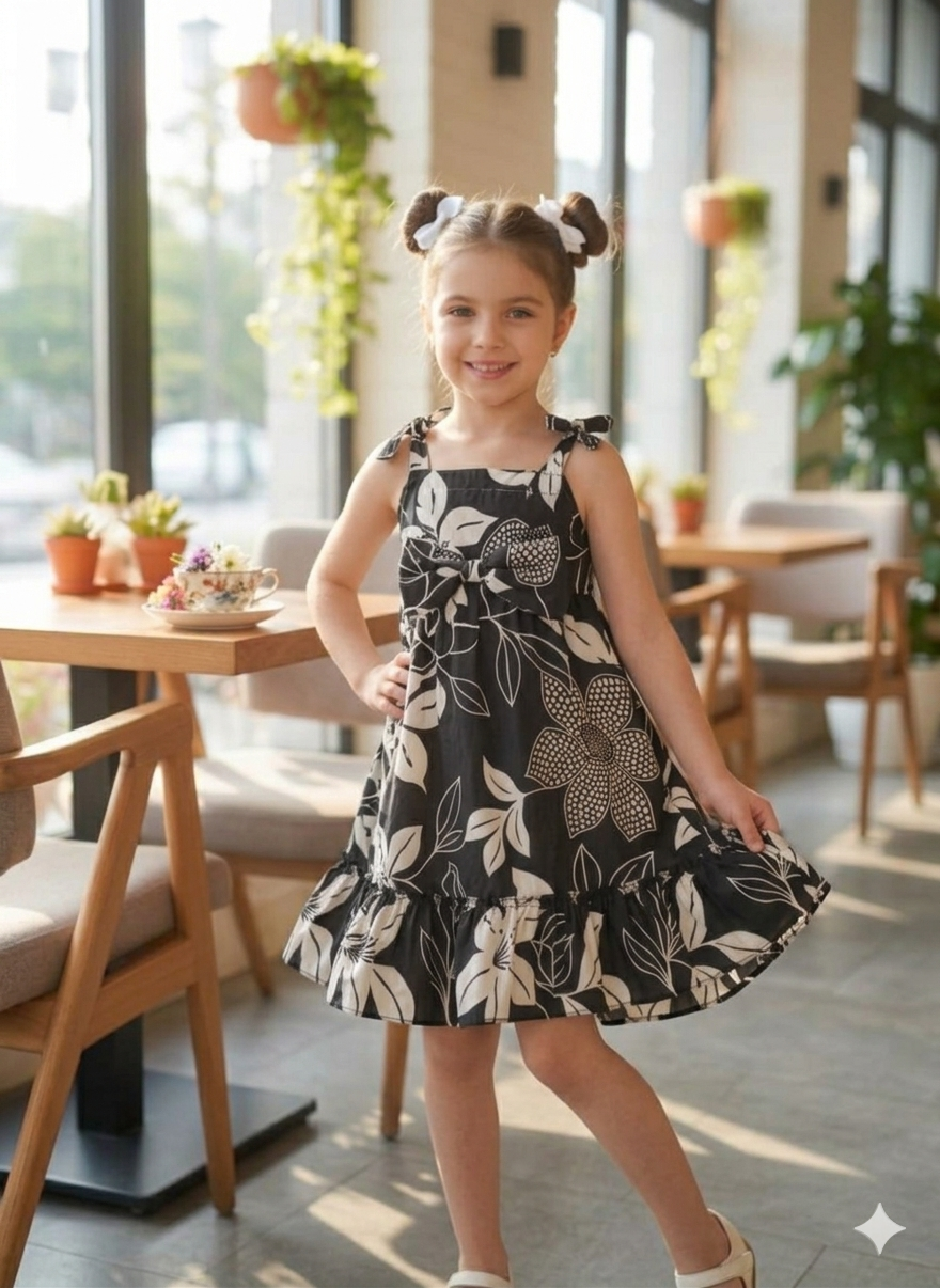 Girls Black & White Floral Printed Fit & Flare Dress