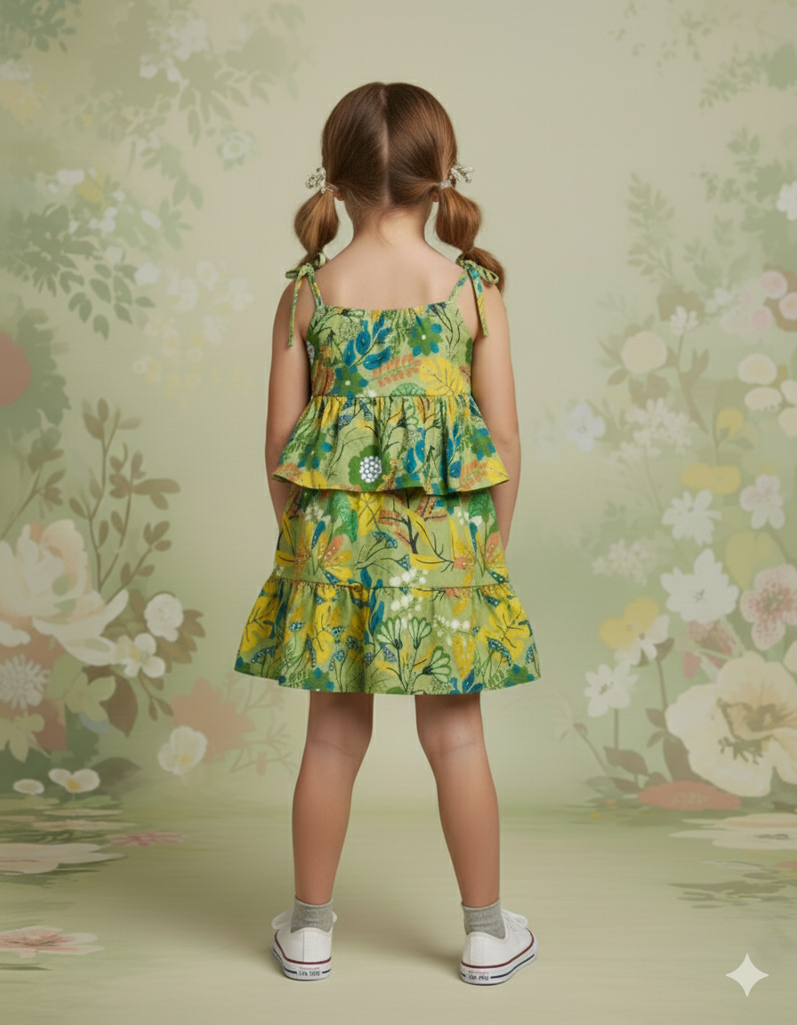 Girls Green Floral Printed Sleeveless Layered Dress