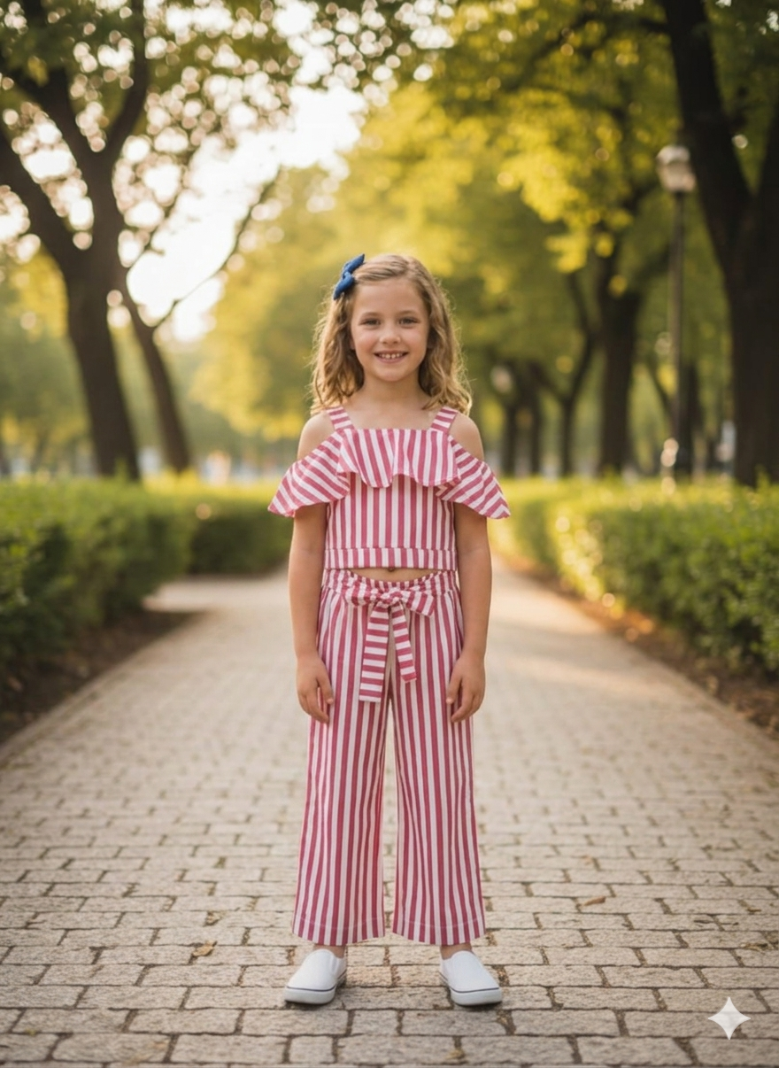 Girls Striped Cold Shoulder Crop Top with Wide-Leg Pants Set