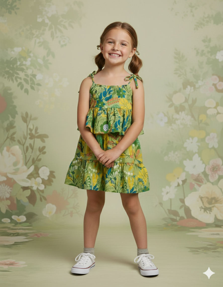 Girls Green Floral Printed Sleeveless Layered Dress