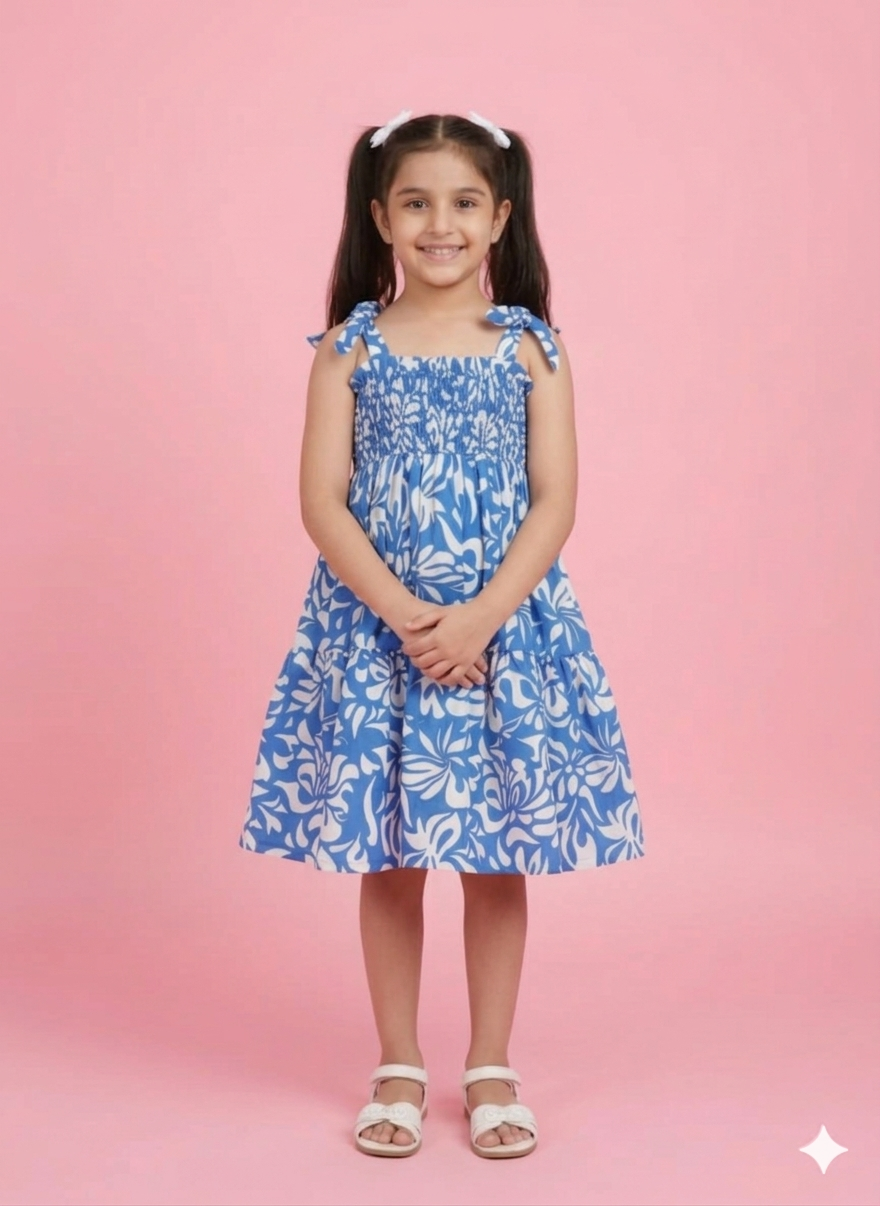 Girls Blue & White Floral Printed Dress with Matching Handbag | Kids Summer Party Dress