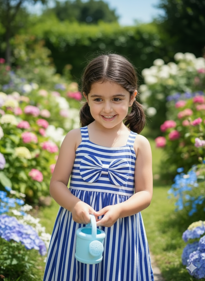 Blue Stripe Bow Party Dress for Girls