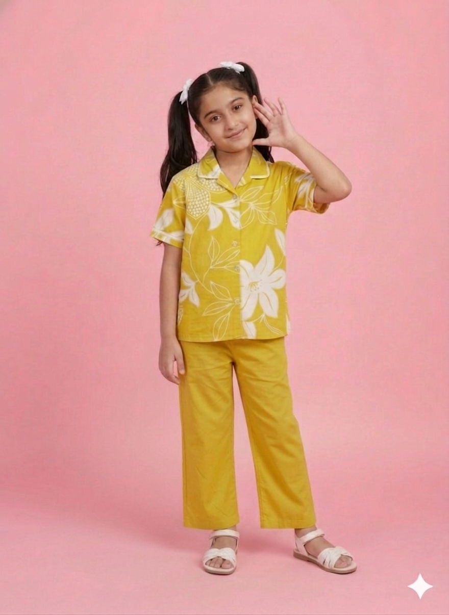Girls Yellow Floral Printed Shirt & Pants Set | Kids Summer Co-Ord Outfit