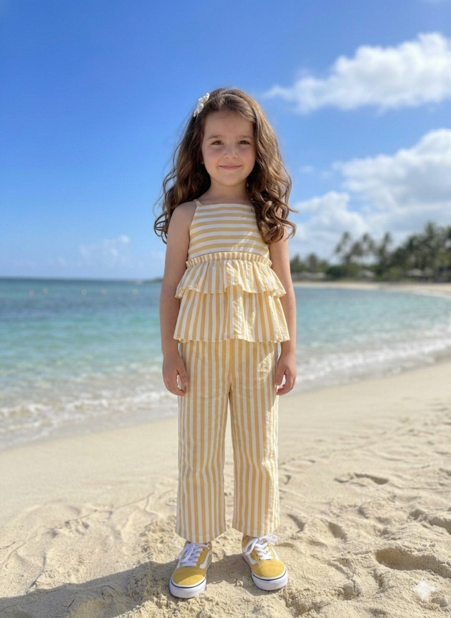 Girls Yellow & White Striped Ruffle Romper Set – Sleeveless Top & Pants
