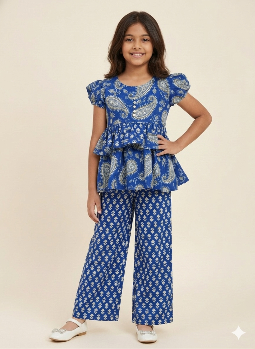 Girls Printed Peplum Top with Wide-Leg Pants Co-Ord Set