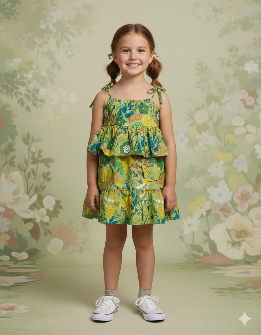 Girls Green Floral Printed Sleeveless Layered Dress
