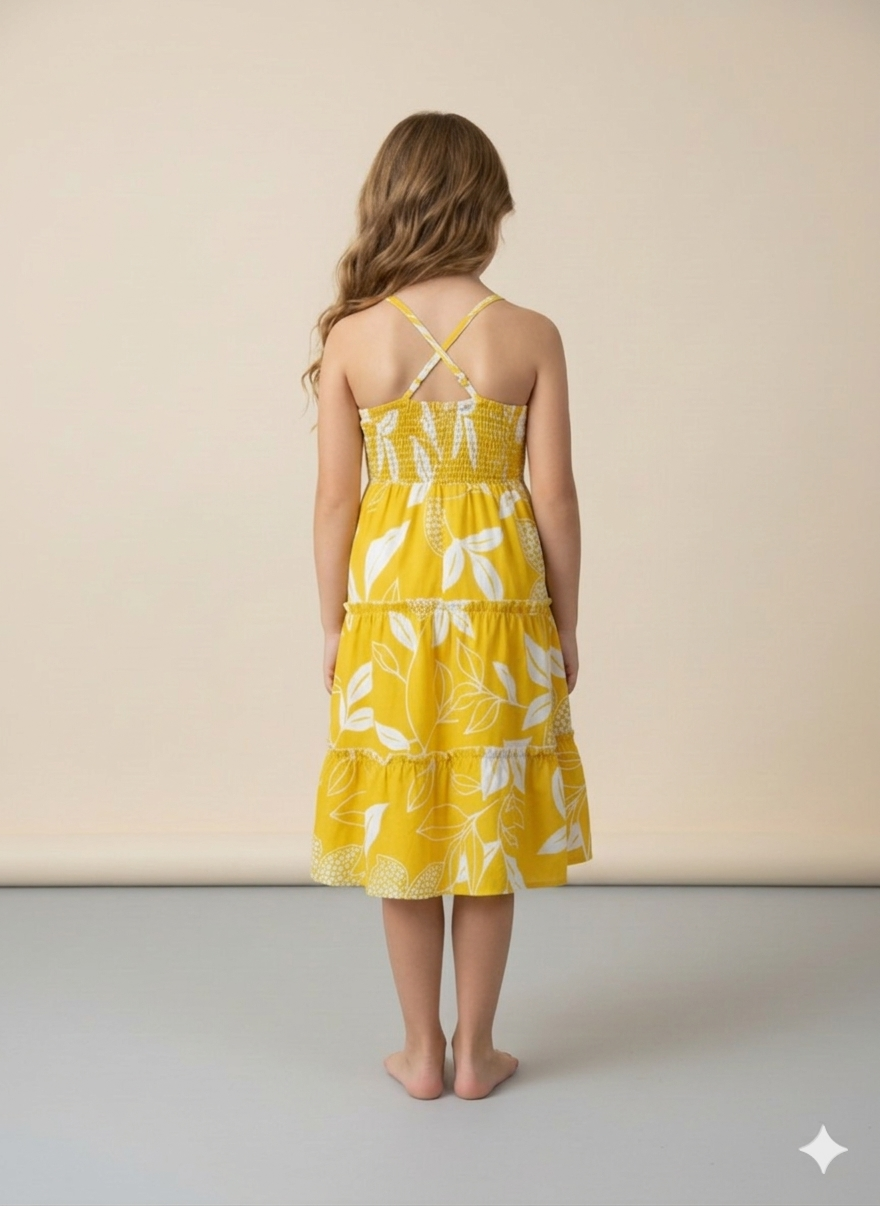 Girls Yellow Leaf Print Tiered Dress | Sleeveless Summer Party & Casual Dress
