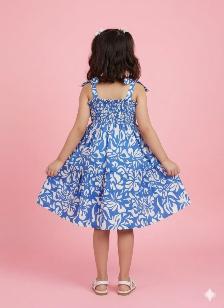 Girls Blue & White Floral Printed Dress with Matching Handbag | Kids Summer Party Dress
