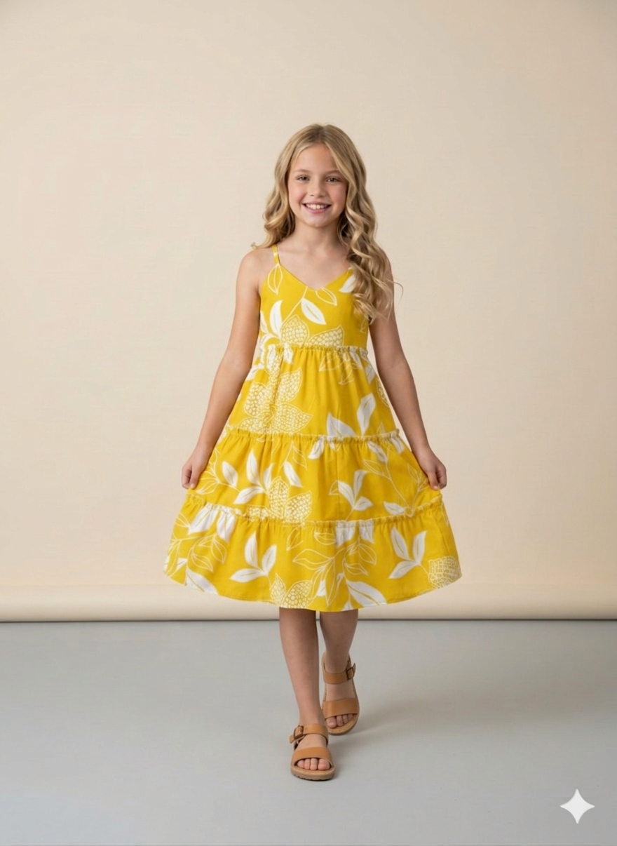 Girls Yellow Leaf Print Tiered Dress | Sleeveless Summer Party & Casual Dress