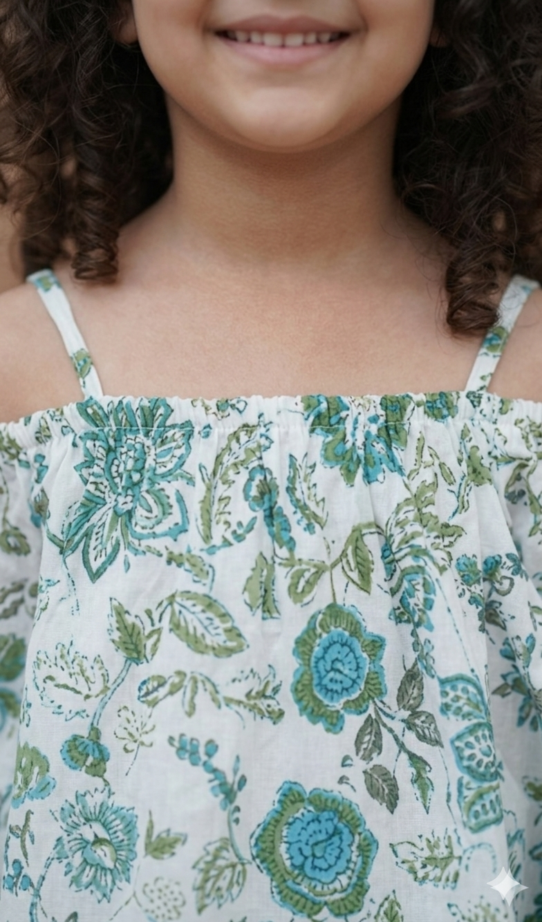 Girls Light Blue Floral Printed Off Shoulder Top & Flared Pants Set