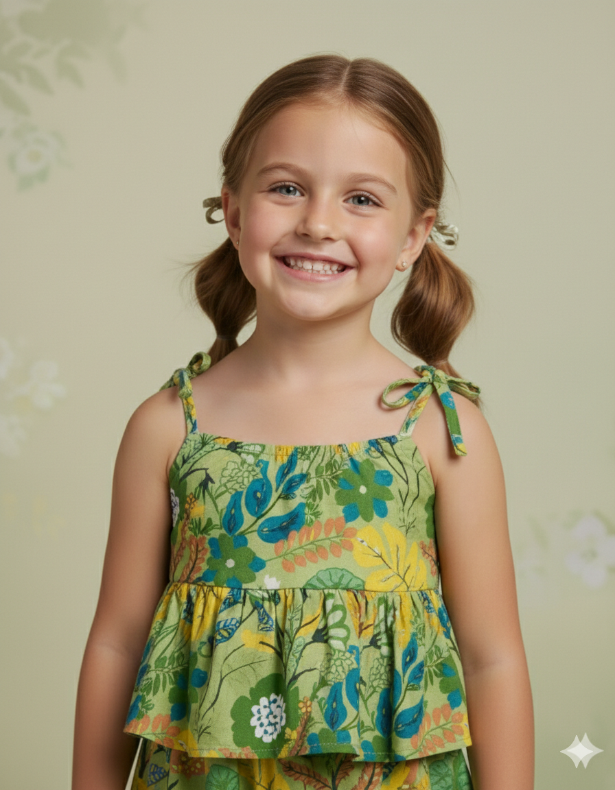 Girls Green Floral Printed Sleeveless Layered Dress