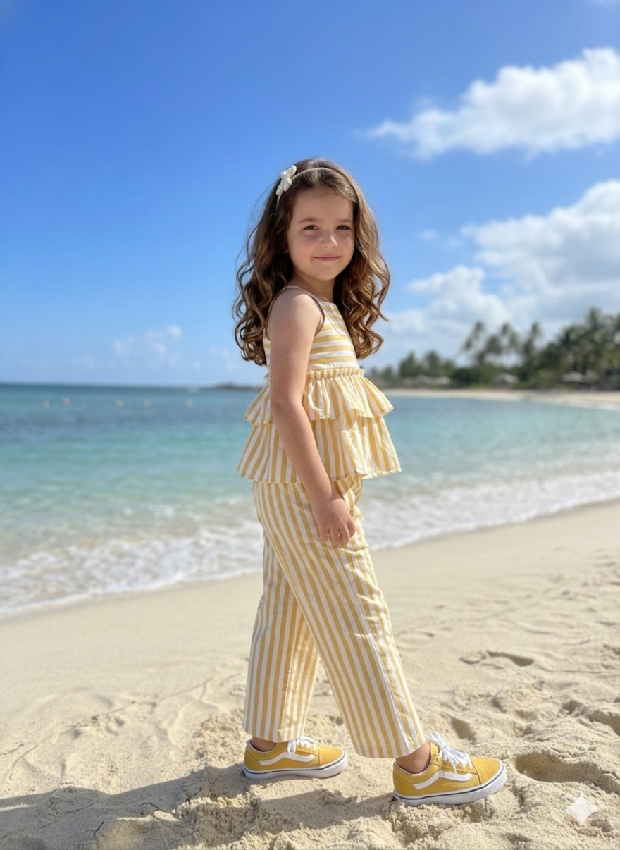 Girls Yellow & White Striped Ruffle Romper Set – Sleeveless Top & Pants